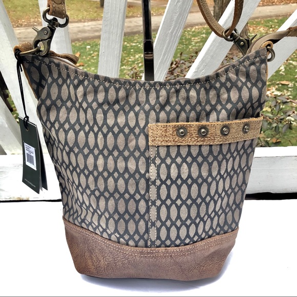 Honey Bee Print Upcycled Canvas and Genuine Leather Shoulder Bag